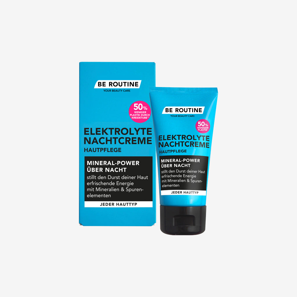 Abgebildet ist eine Tube der Elektolyte Nachtcreme von be routine neben ihrer Papp-Verpackung.
